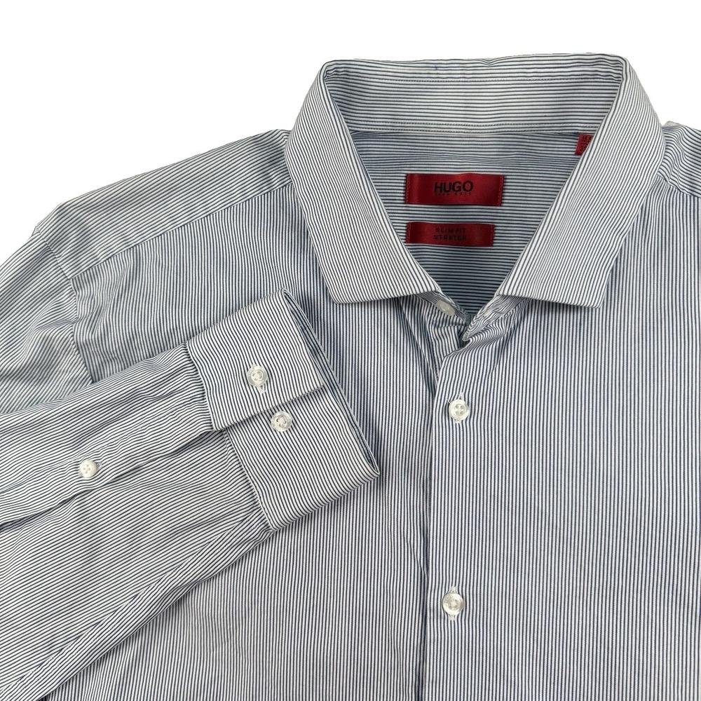 Hugo Boss Dress Shirt EastonX Mens 15.5 32/33 40 Slim Fit Stretch Pinstripe Blue